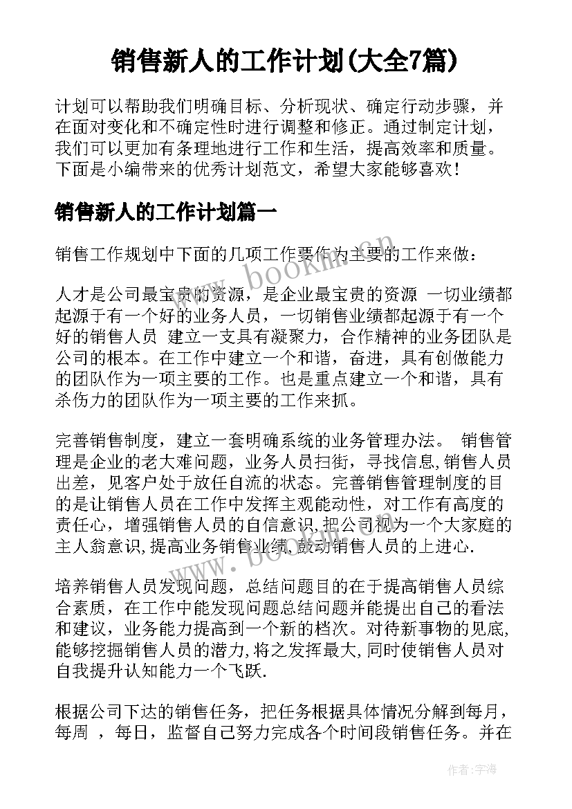 销售新人的工作计划(大全7篇)