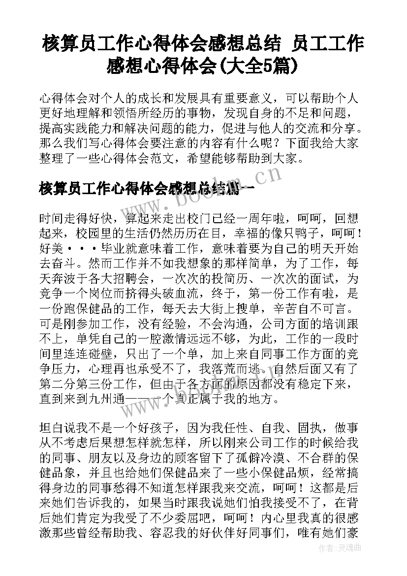 核算员工作心得体会感想总结 员工工作感想心得体会(大全5篇)