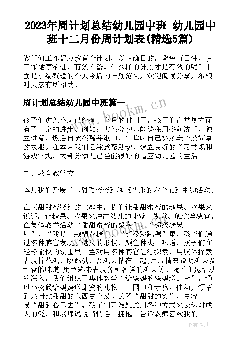 2023年周计划总结幼儿园中班 幼儿园中班十二月份周计划表(精选5篇)