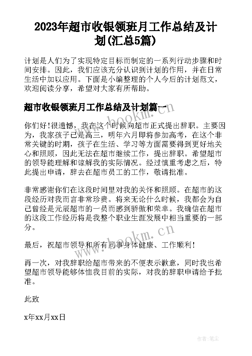 2023年超市收银领班月工作总结及计划(汇总5篇)