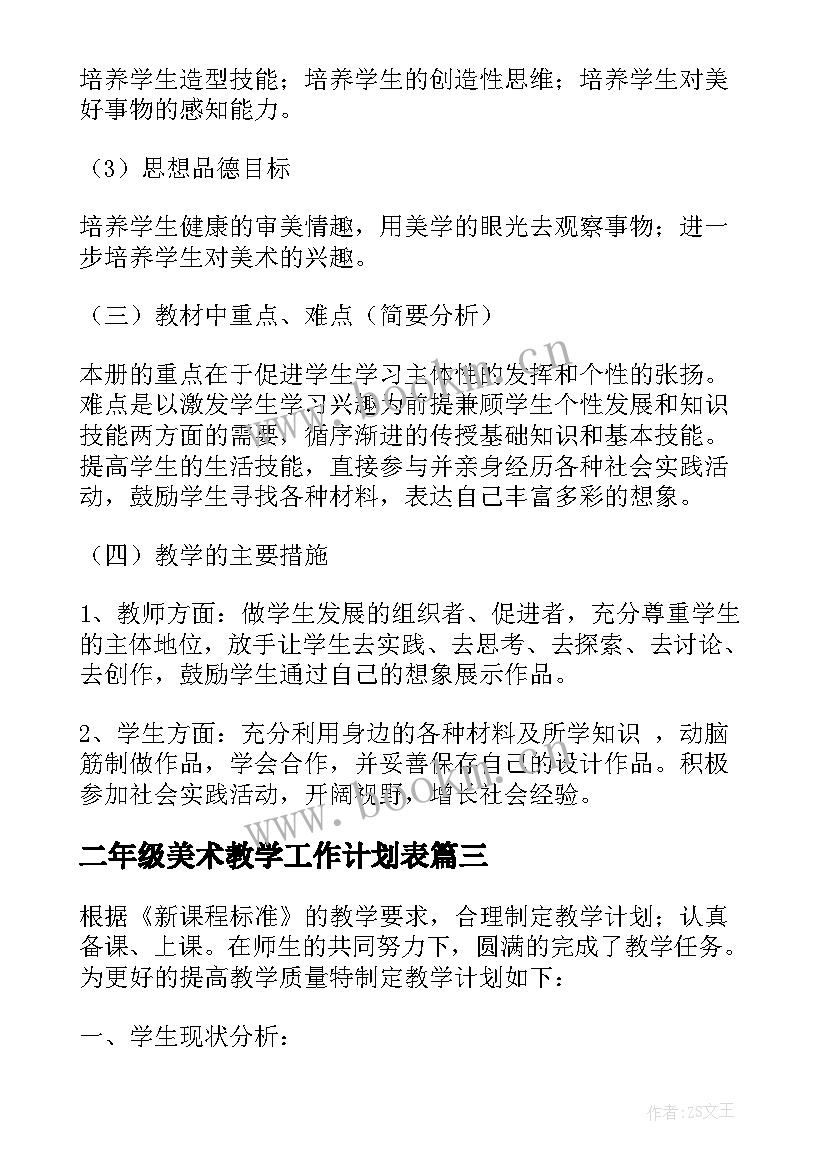 最新二年级美术教学工作计划表(优秀9篇)