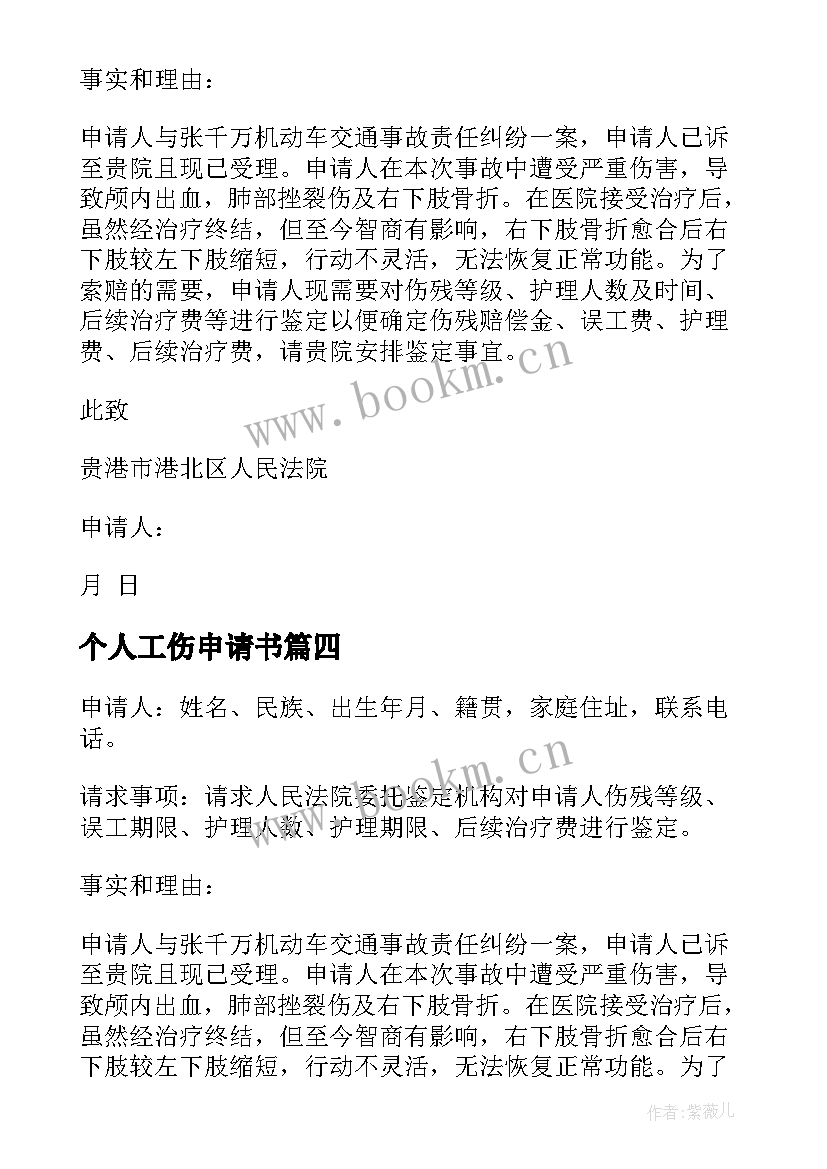 个人工伤申请书(精选7篇)