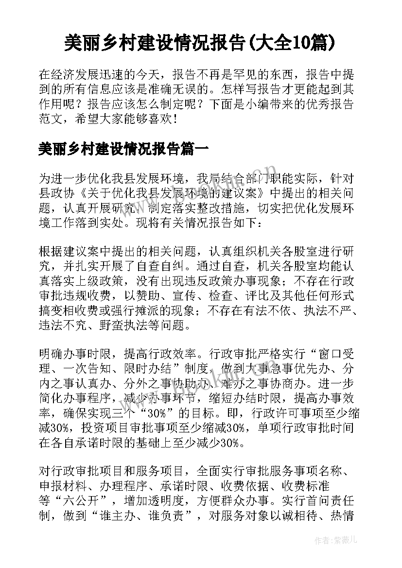 美丽乡村建设情况报告(大全10篇)