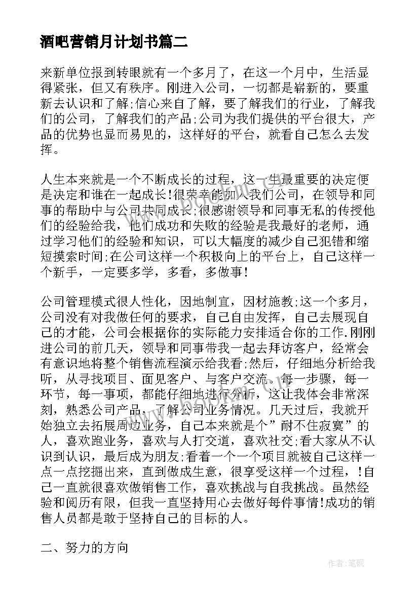 2023年酒吧营销月计划书 销售月工作总结与下月计划(通用10篇)