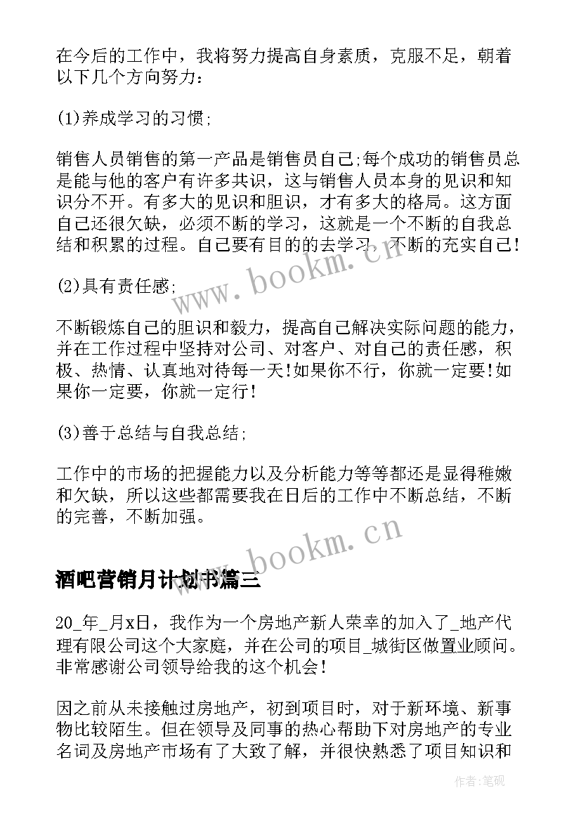 2023年酒吧营销月计划书 销售月工作总结与下月计划(通用10篇)