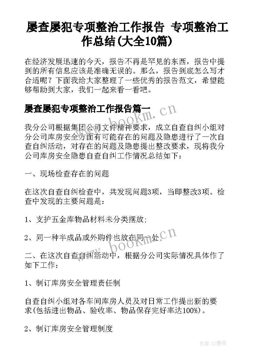 屡查屡犯专项整治工作报告 专项整治工作总结(大全10篇)