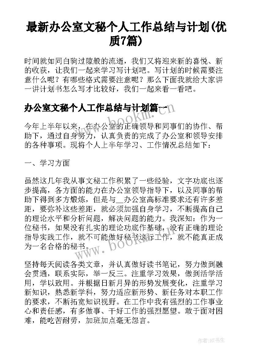 最新办公室文秘个人工作总结与计划(优质7篇)