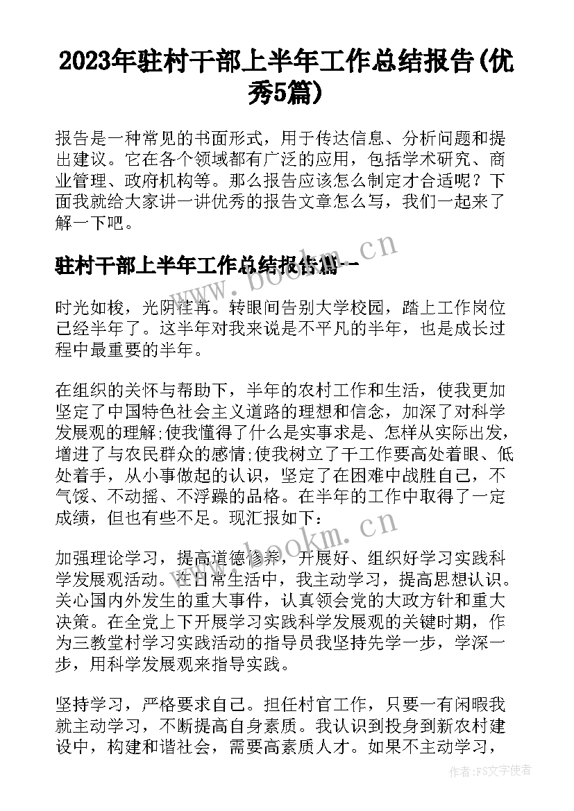 2023年驻村干部上半年工作总结报告(优秀5篇)