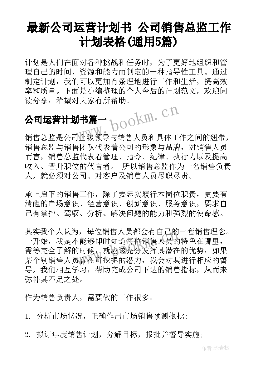 最新公司运营计划书 公司销售总监工作计划表格(通用5篇)