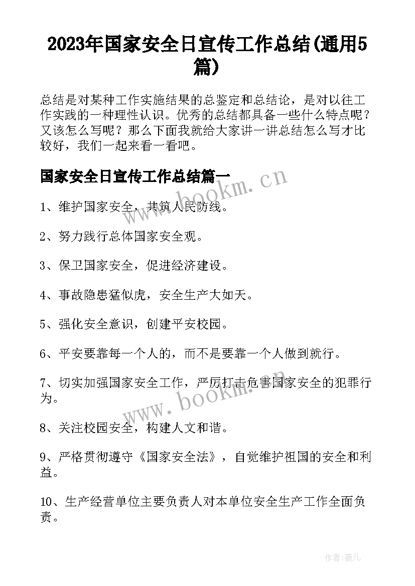 2023年国家安全日宣传工作总结(通用5篇)