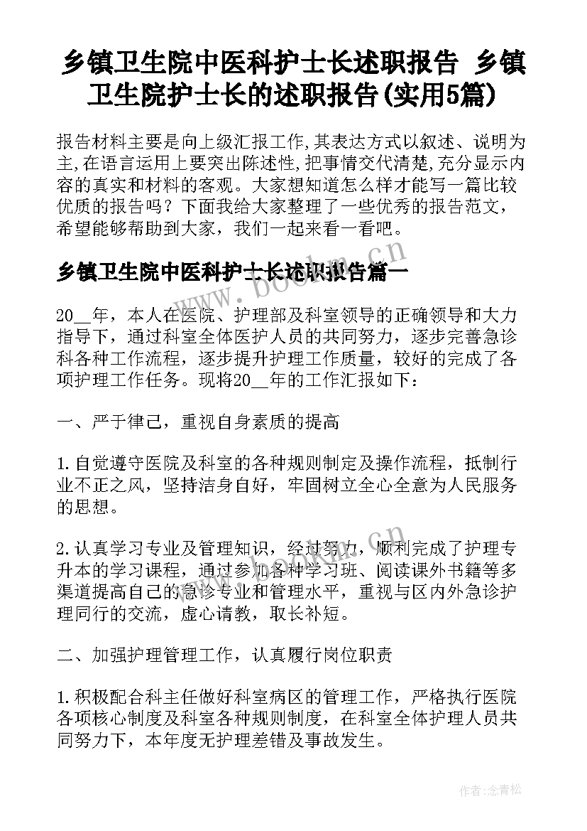 乡镇卫生院中医科护士长述职报告 乡镇卫生院护士长的述职报告(实用5篇)