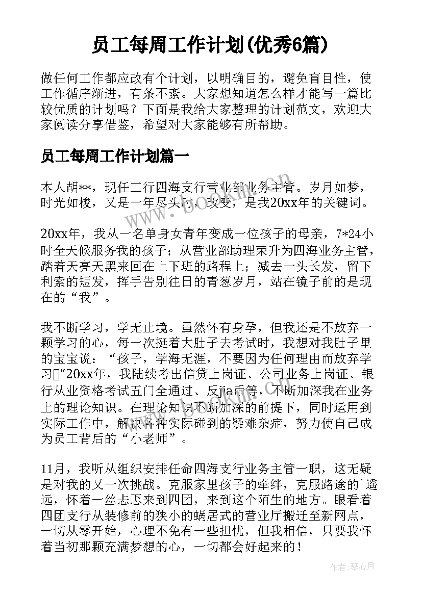 员工每周工作计划(优秀6篇)