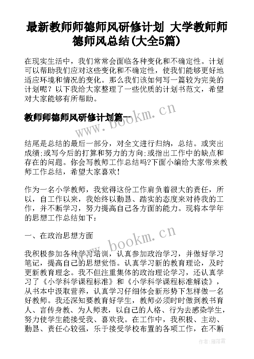 最新教师师德师风研修计划 大学教师师德师风总结(大全5篇)