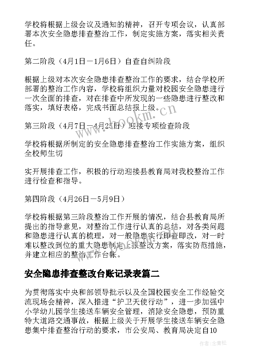 最新安全隐患排查整改台账记录表 安全隐患排查整改措施方案(大全8篇)