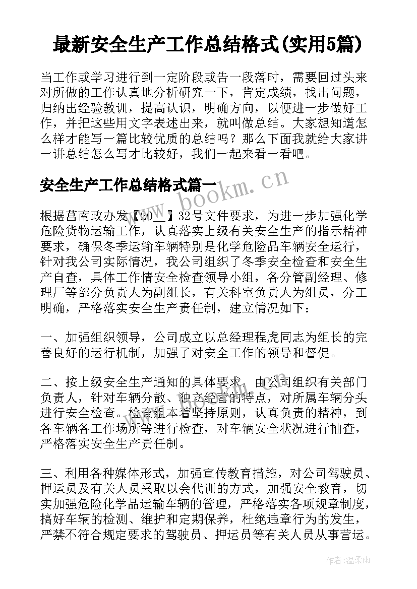 最新安全生产工作总结格式(实用5篇)