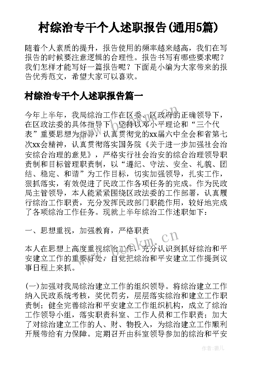 村综治专干个人述职报告(通用5篇)