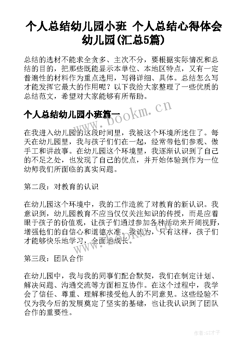 个人总结幼儿园小班 个人总结心得体会幼儿园(汇总5篇)