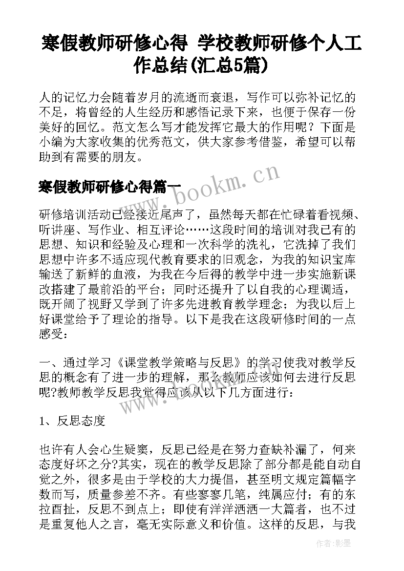 寒假教师研修心得 学校教师研修个人工作总结(汇总5篇)