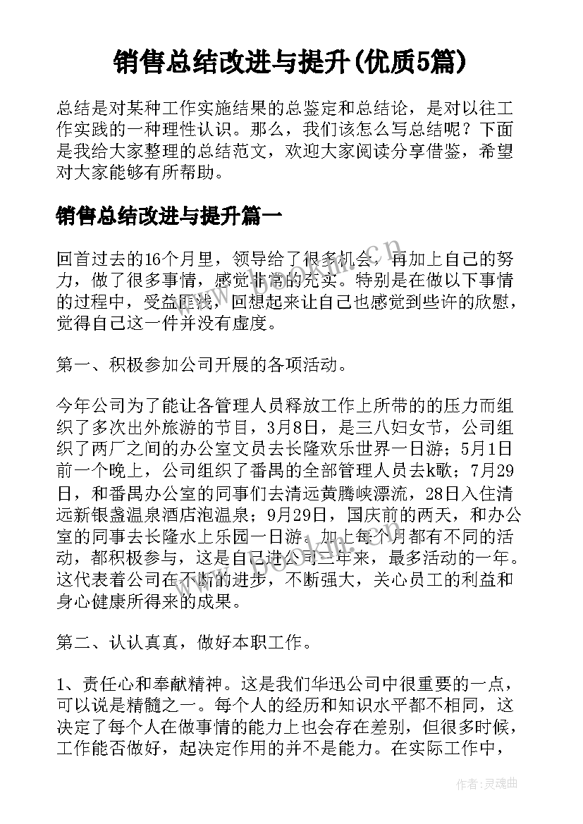 销售总结改进与提升(优质5篇)