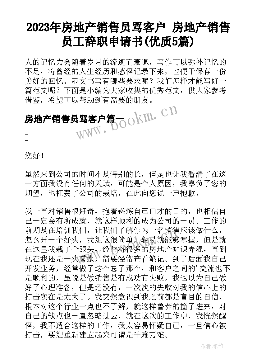 2023年房地产销售员骂客户 房地产销售员工辞职申请书(优质5篇)