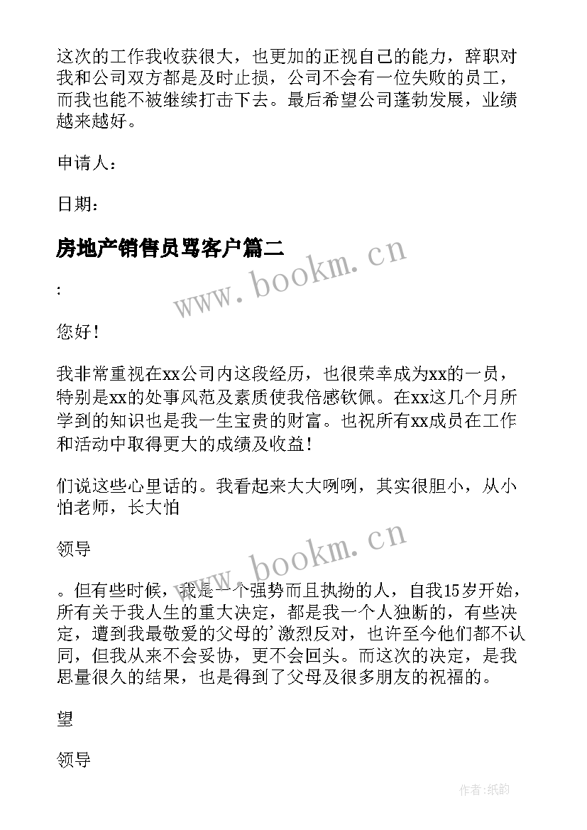 2023年房地产销售员骂客户 房地产销售员工辞职申请书(优质5篇)