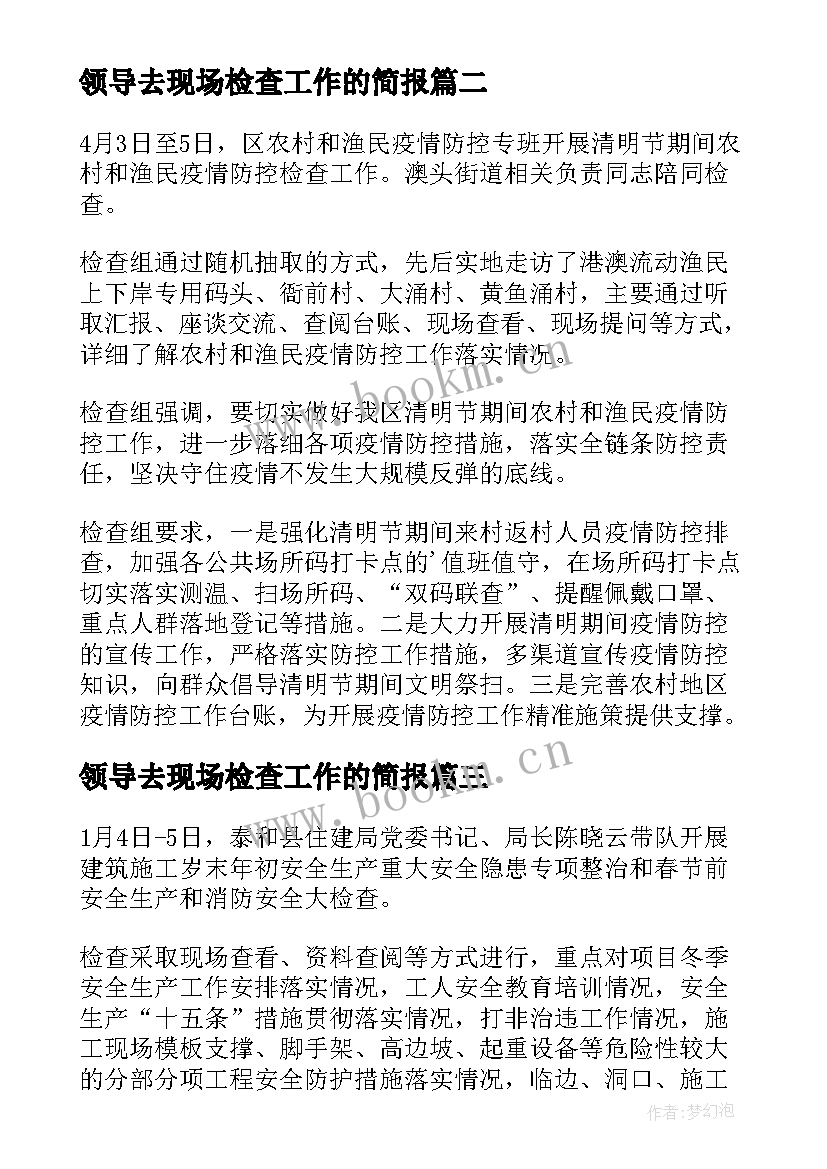 领导去现场检查工作的简报 领导检查工作简报(精选5篇)