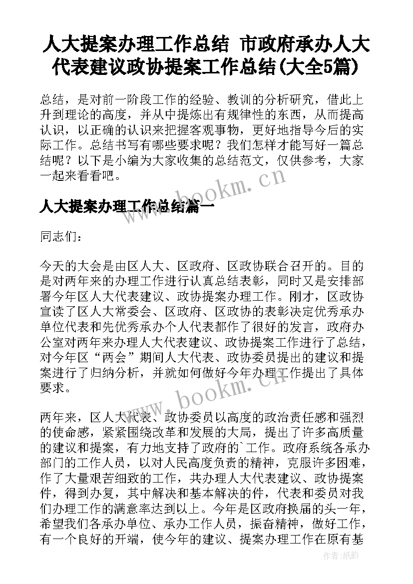 人大提案办理工作总结 市政府承办人大代表建议政协提案工作总结(大全5篇)