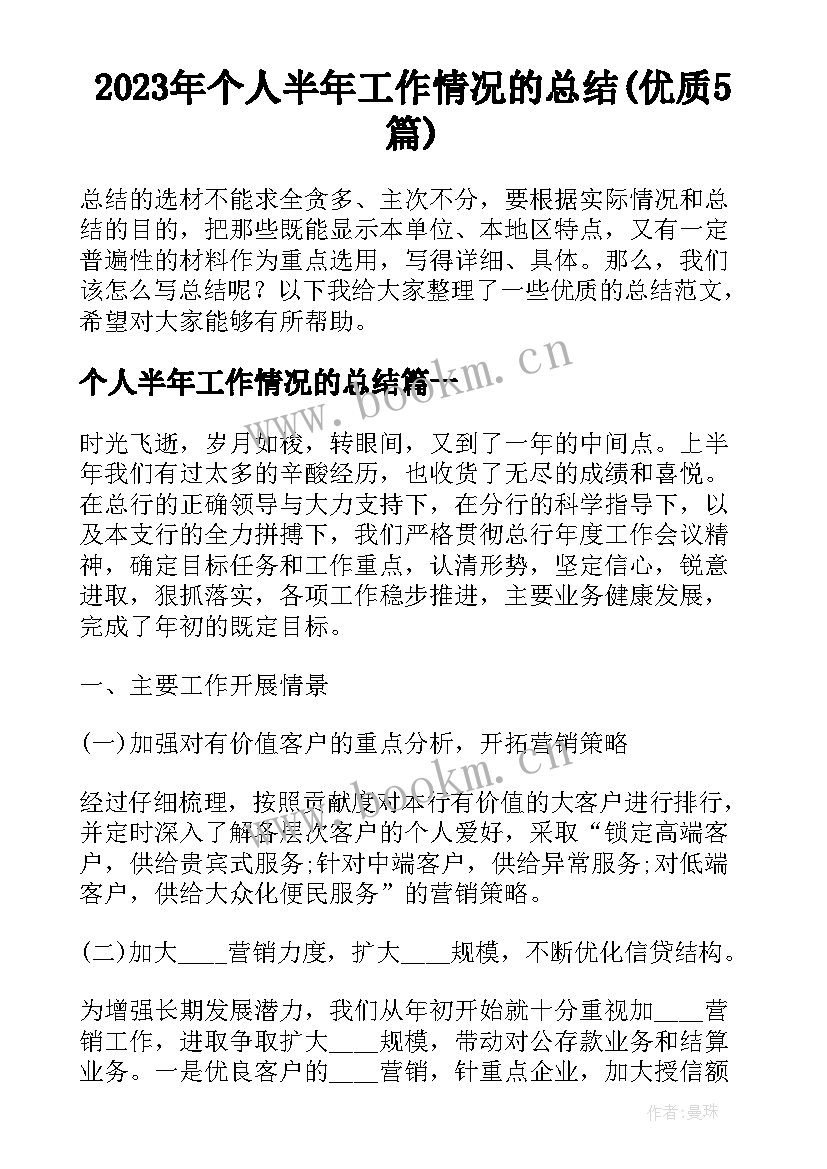 2023年个人半年工作情况的总结(优质5篇)