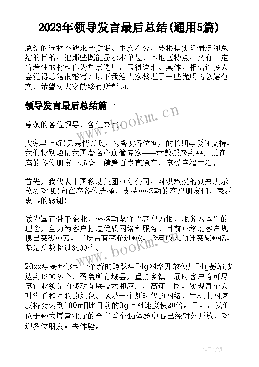 2023年领导发言最后总结(通用5篇)