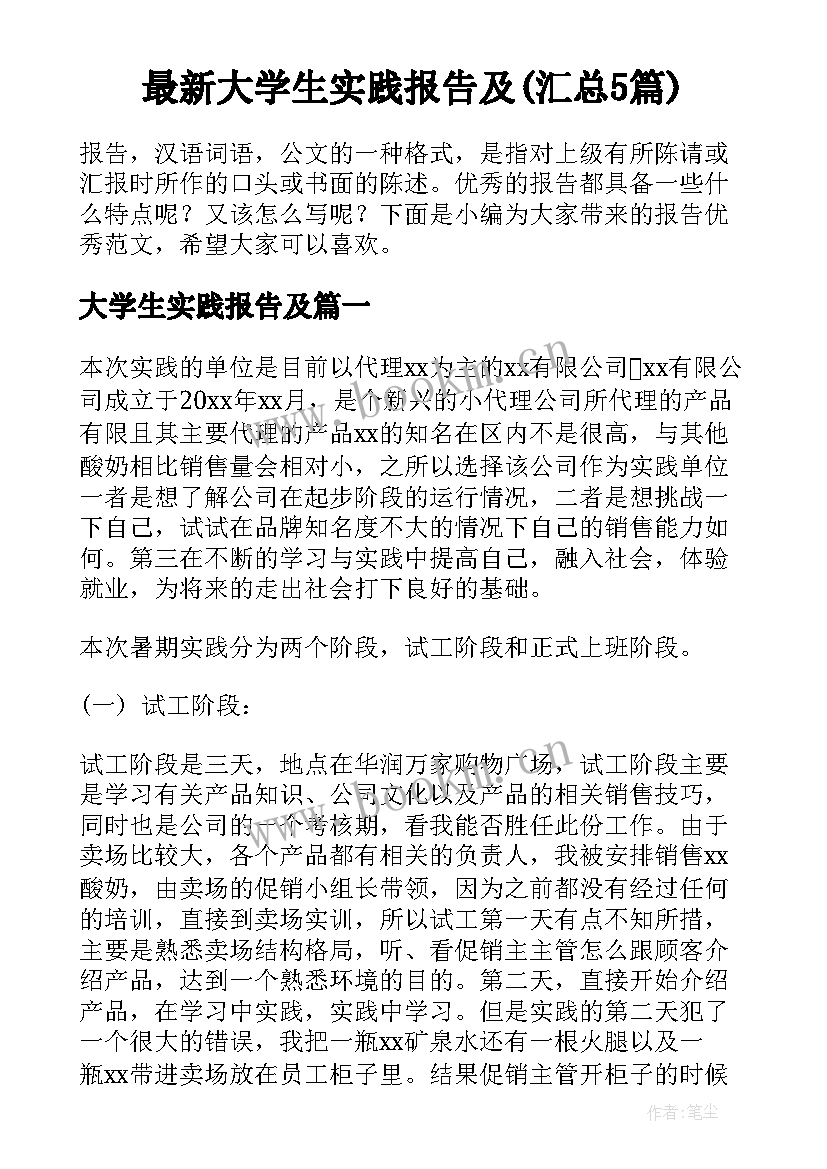 最新大学生实践报告及(汇总5篇)