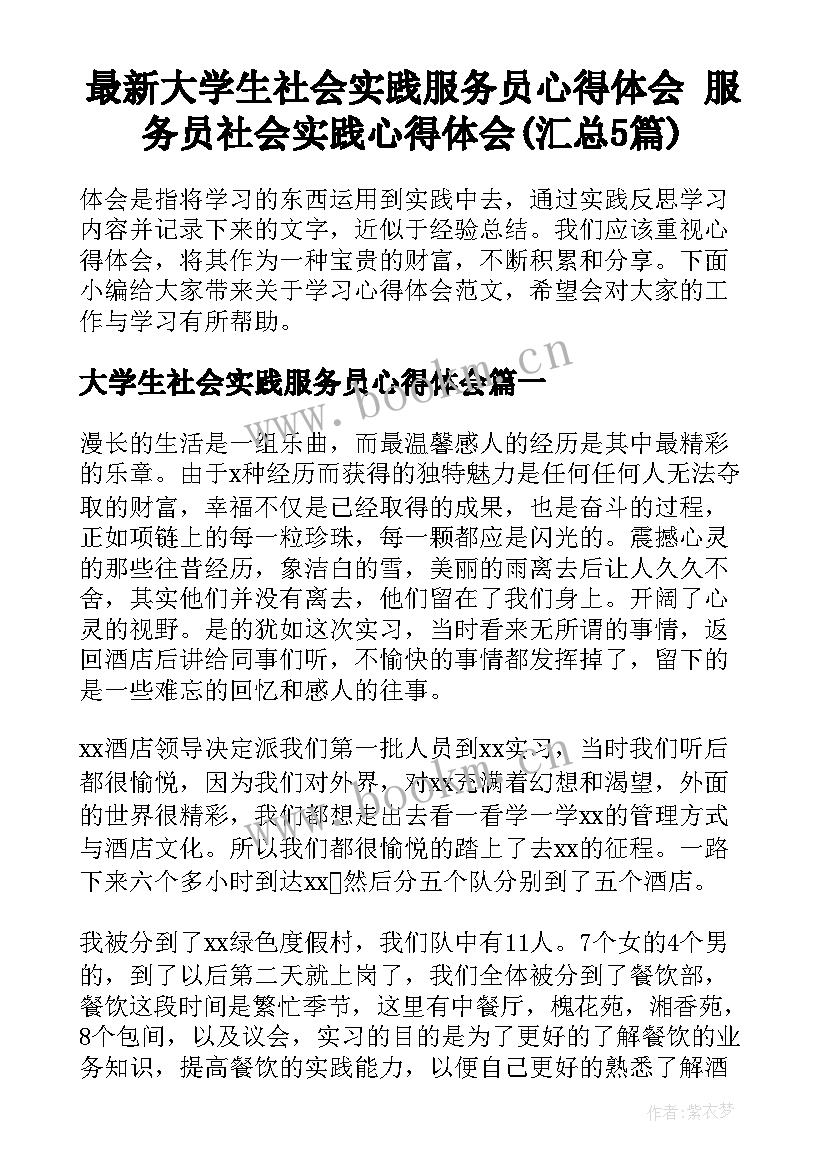 最新大学生社会实践服务员心得体会 服务员社会实践心得体会(汇总5篇)