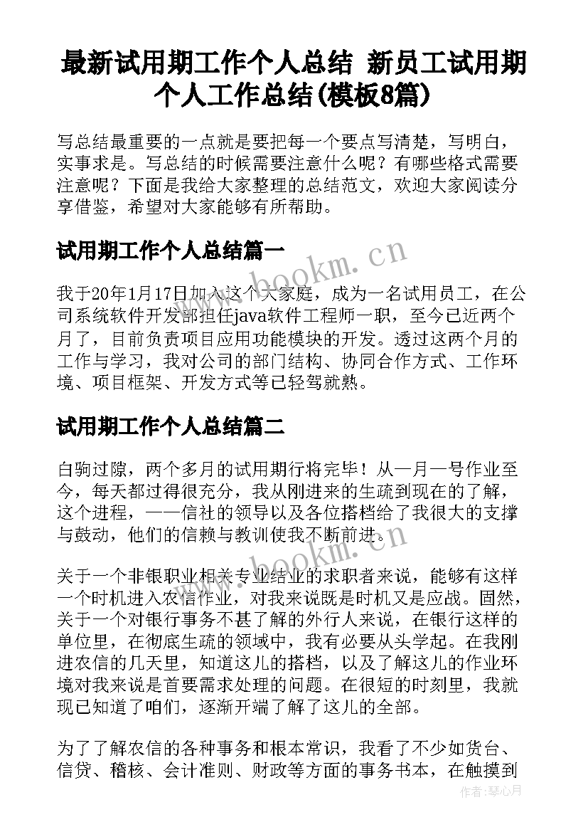 最新试用期工作个人总结 新员工试用期个人工作总结(模板8篇)