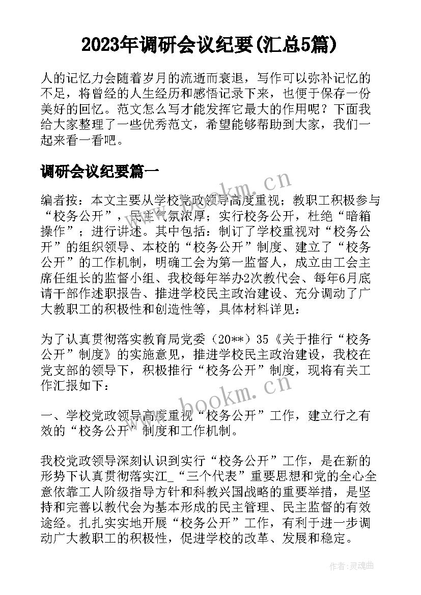 2023年调研会议纪要(汇总5篇)