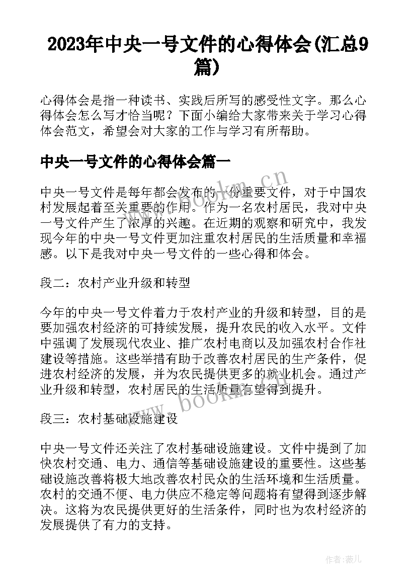 2023年中央一号文件的心得体会(汇总9篇)