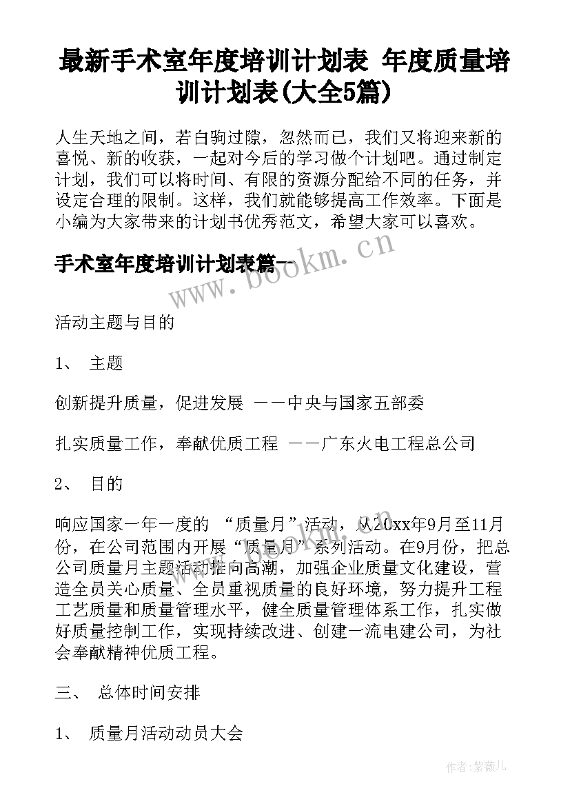 最新手术室年度培训计划表 年度质量培训计划表(大全5篇)