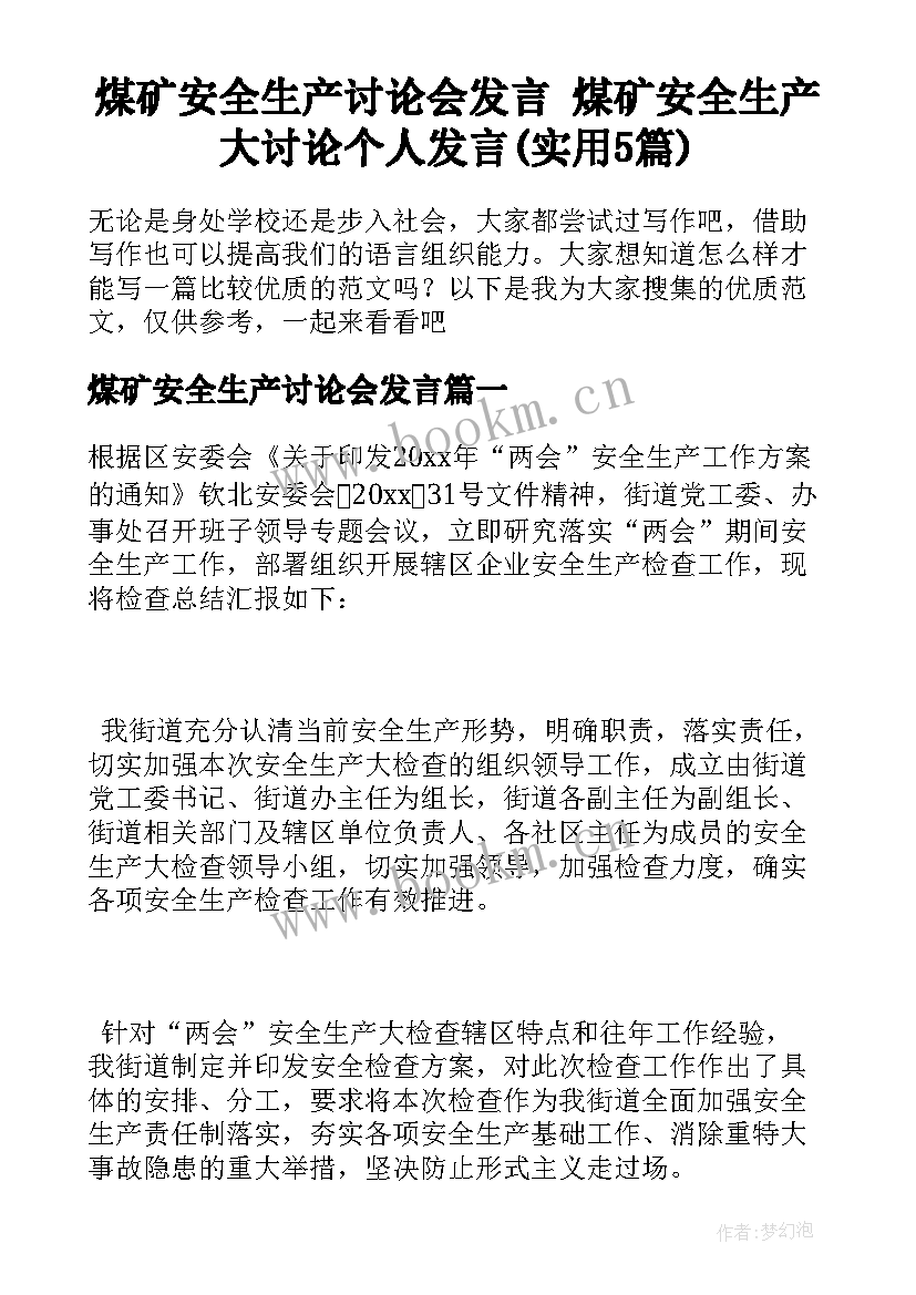 煤矿安全生产讨论会发言 煤矿安全生产大讨论个人发言(实用5篇)