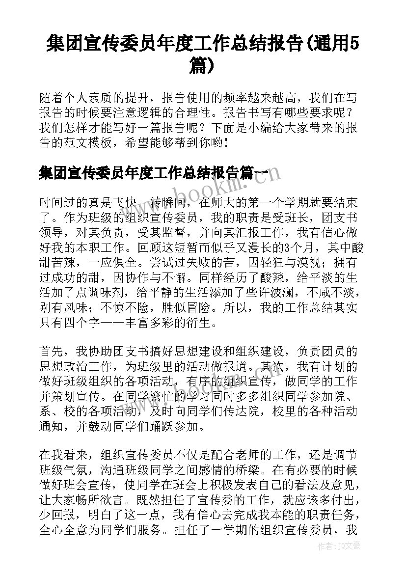 集团宣传委员年度工作总结报告(通用5篇)