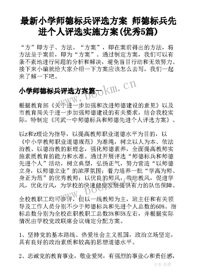 最新小学师德标兵评选方案 师德标兵先进个人评选实施方案(优秀5篇)