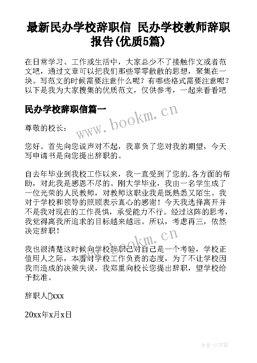 最新民办学校辞职信 民办学校教师辞职报告(优质5篇)