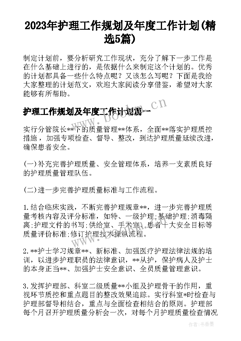 2023年护理工作规划及年度工作计划(精选5篇)