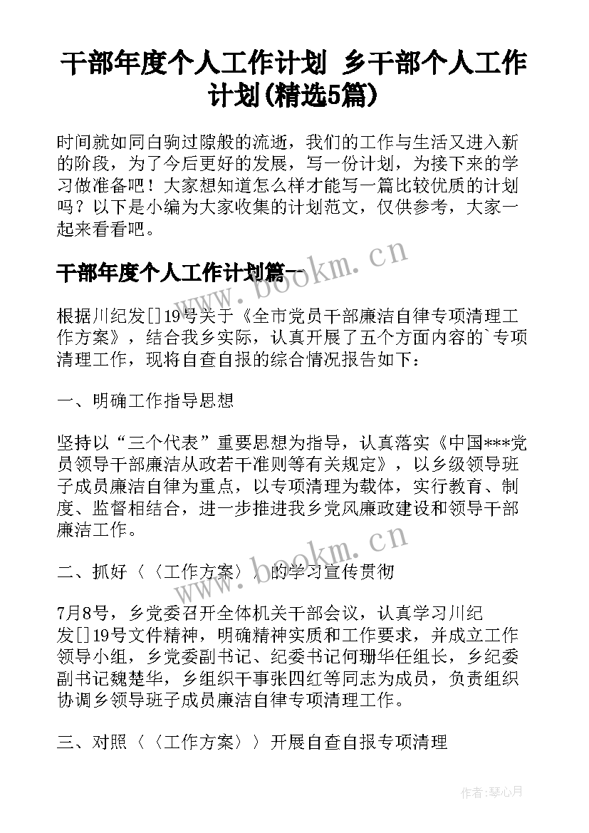 干部年度个人工作计划 乡干部个人工作计划(精选5篇)