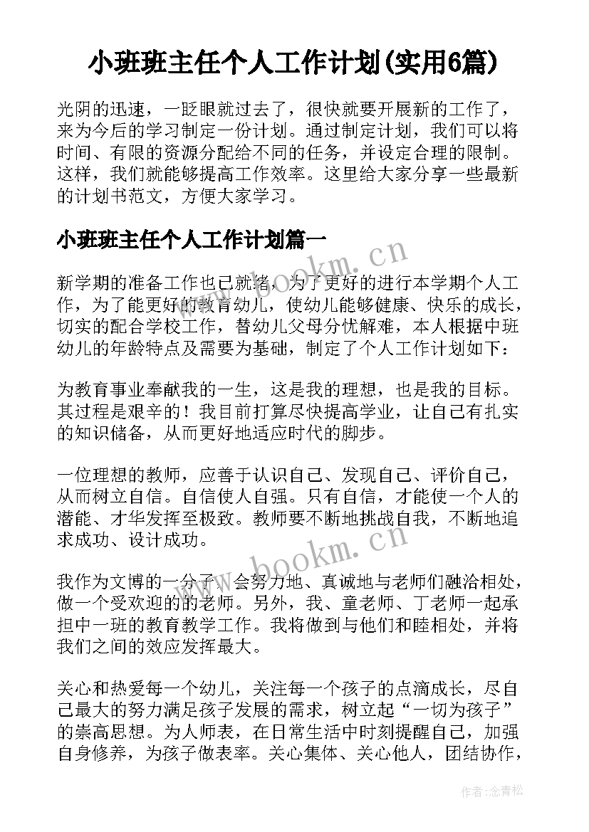 小班班主任个人工作计划(实用6篇)