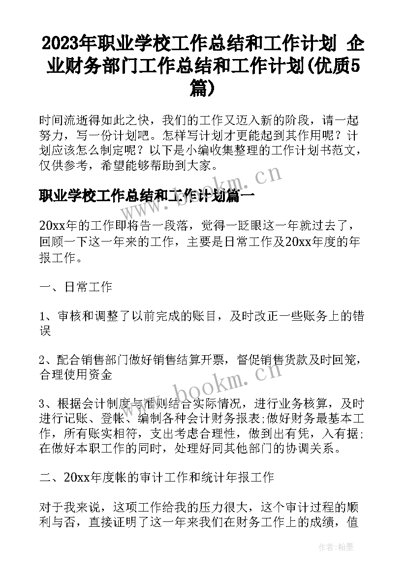 2023年职业学校工作总结和工作计划 企业财务部门工作总结和工作计划(优质5篇)