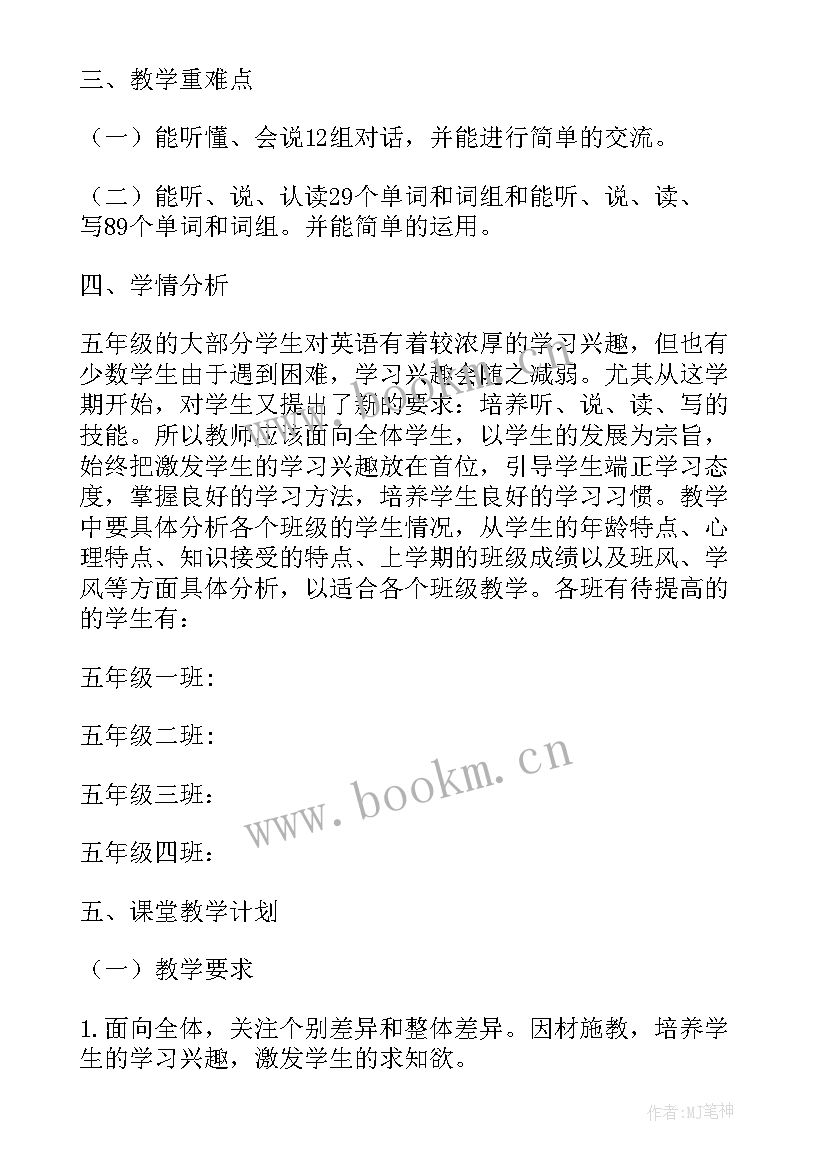 最新小学五年级下学期英语学情分析 小学五年级英语教学计划(优质5篇)