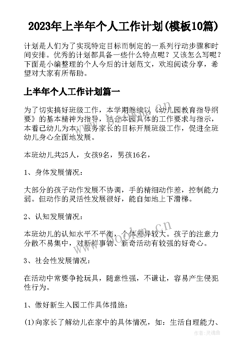 2023年上半年个人工作计划(模板10篇)