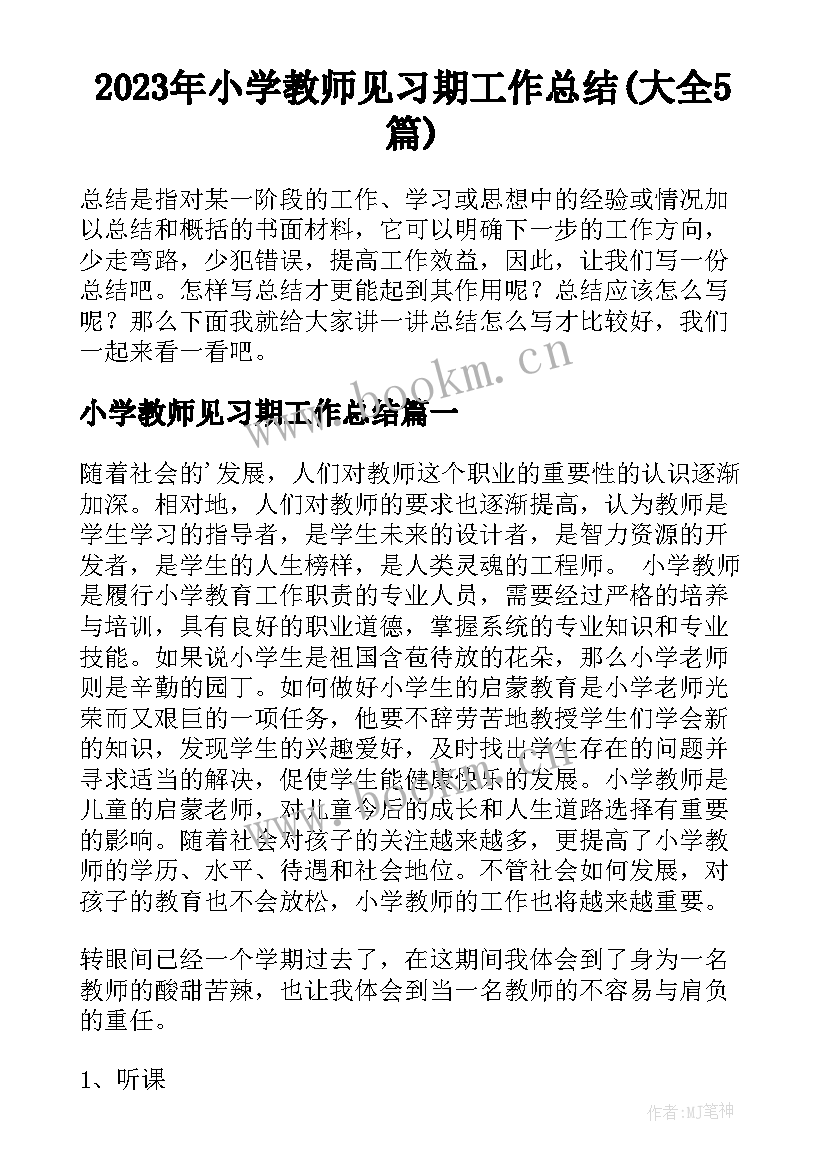 2023年小学教师见习期工作总结(大全5篇)