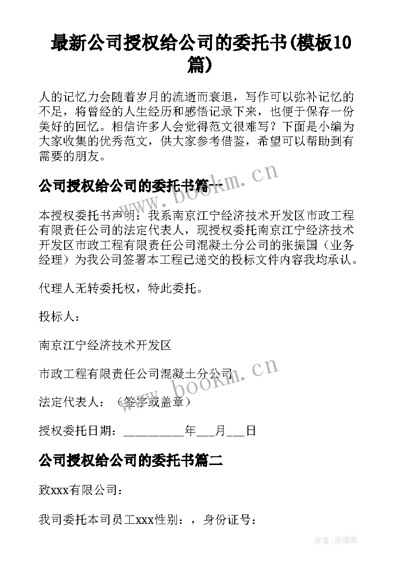 最新公司授权给公司的委托书(模板10篇)