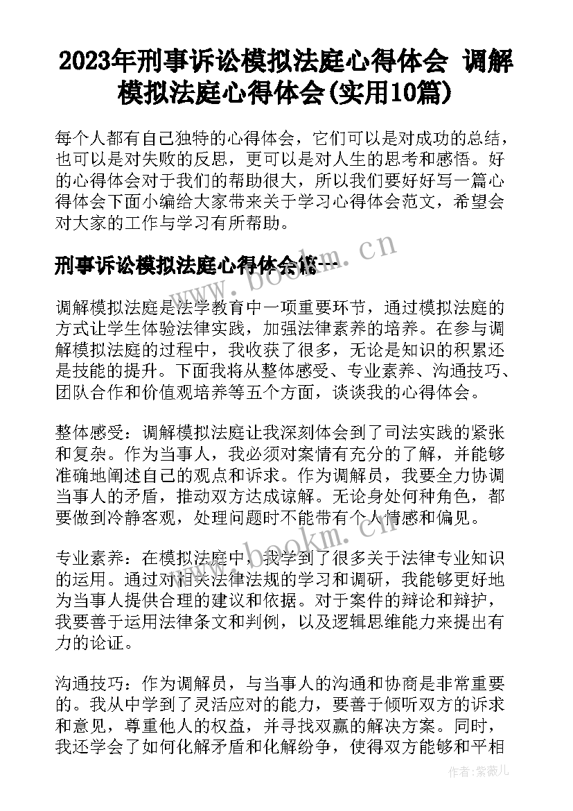 2023年刑事诉讼模拟法庭心得体会 调解模拟法庭心得体会(实用10篇)