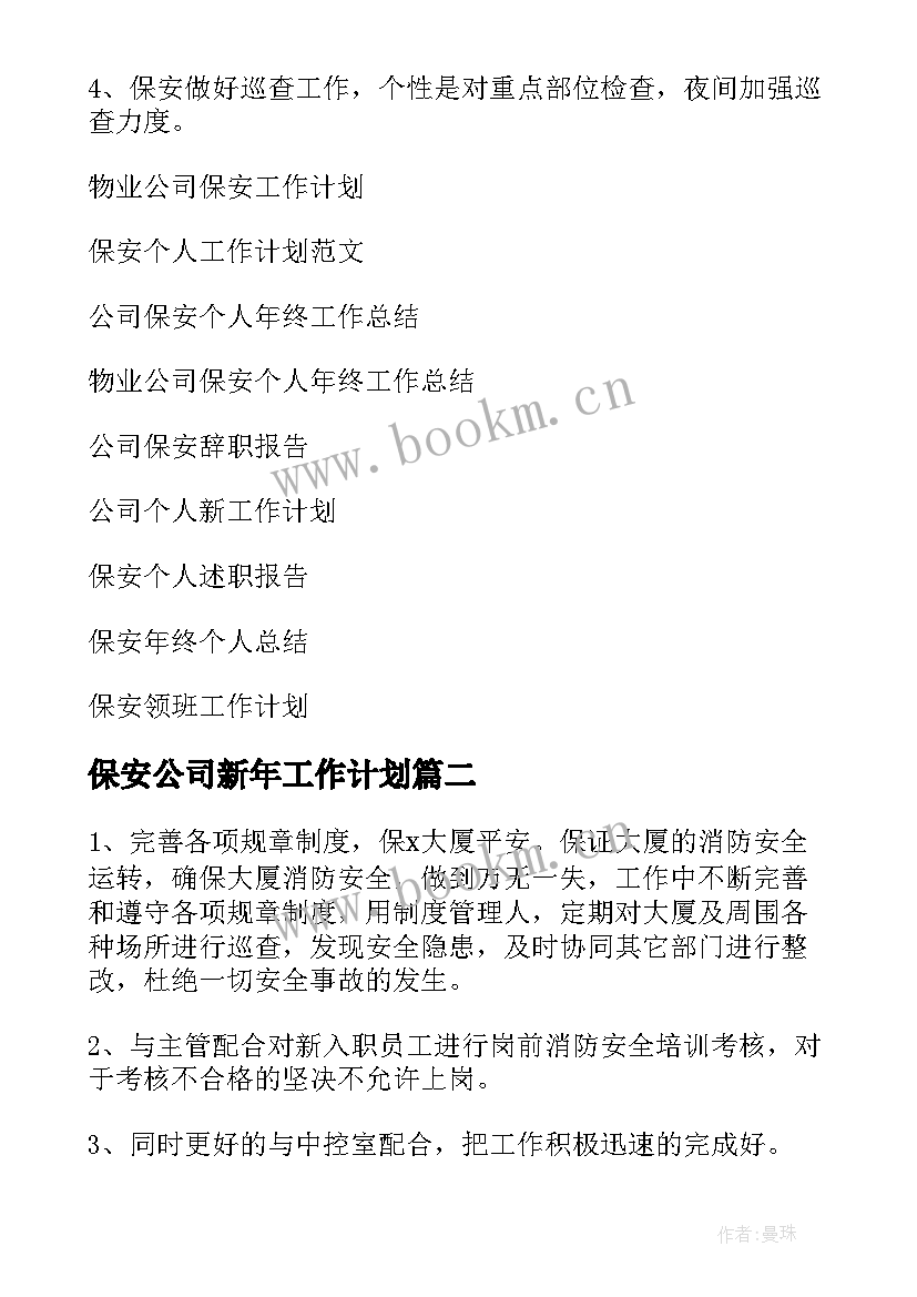 最新保安公司新年工作计划(优质9篇)