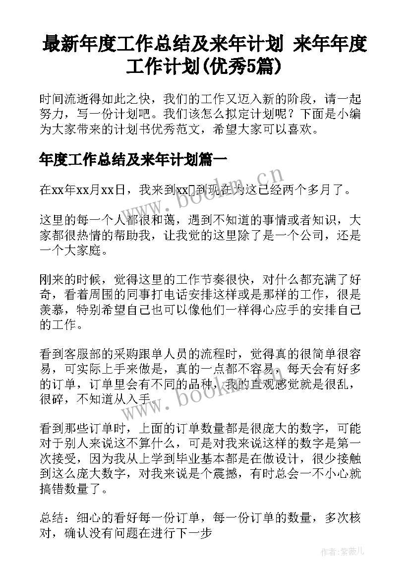 最新年度工作总结及来年计划 来年年度工作计划(优秀5篇)